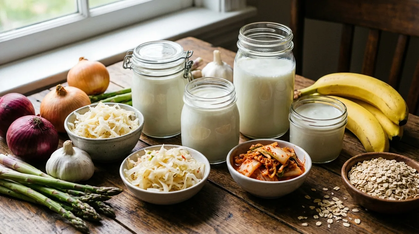 A variety of probiotic and prebiotic foods essential for nurturing a healthy gut microbiome.