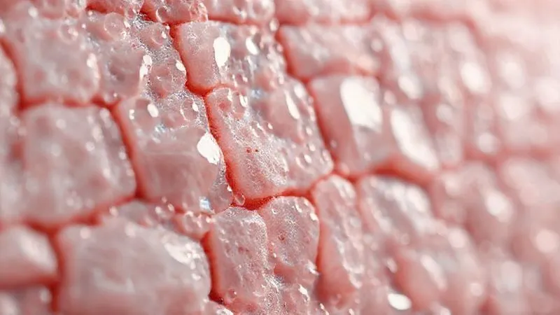 A close-up, photorealistic image of healthy skin cells, a strong, intact skin barrier represented by tightly interlocked brick-like structures, with tiny, shimmering lipid molecules weaving between them, illustrating protection and hydration. Cinematic lighting, sharp focus, depth of field, 8K hyper-detailed. A close-up, photorealistic image of healthy skin cells, a strong, intact skin barrier represented by tightly interlocked brick-like structures, with tiny, shimmering lipid molecules weaving between them, illustrating protection and hydration. Cinematic lighting, sharp focus, depth of field, 8K hyper-detailed.