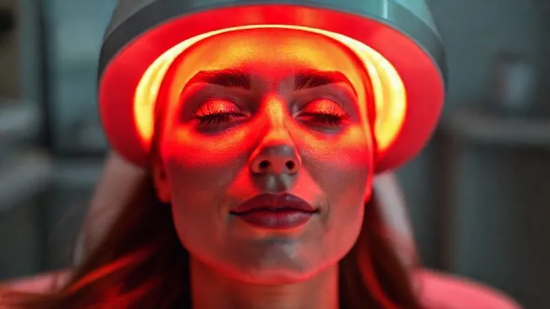 A photorealistic, professional photography, 8K image of a woman's face under a gentle red LED light therapy device, her eyes protected. The light casts a soft, warm glow on her skin, suggesting healing and rejuvenation. Sharp focus on her serene expression, depth of field blurring the background of a modern, clean clinic room. Cinematic lighting. A photorealistic, professional photography, 8K image of a woman's face under a gentle red LED light therapy device, her eyes protected. The light casts a soft, warm glow on her skin, suggesting healing and rejuvenation. Sharp focus on her serene expression, depth of field blurring the background of a modern, clean clinic room. Cinematic lighting.