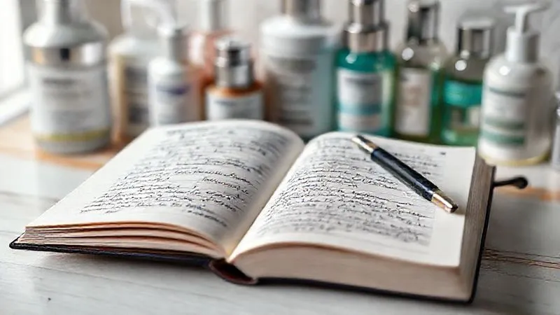 A photorealistic, professional photography, 8K image of a detailed, open skincare journal with handwritten notes, a pen, and various skincare product bottles in the background. The journal shows entries related to diet, stress, and skin condition, emphasizing personalization and tracking. Cinematic lighting, sharp focus on the journal, depth of field blurring the background. A photorealistic, professional photography, 8K image of a detailed, open skincare journal with handwritten notes, a pen, and various skincare product bottles in the background. The journal shows entries related to diet, stress, and skin condition, emphasizing personalization and tracking. Cinematic lighting, sharp focus on the journal, depth of field blurring the background.