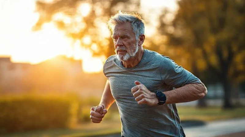 Photorealistic, professional photography, 8K, cinematic lighting, sharp focus, depth of field, shot on a high-end DSLR. A dynamic shot of a fit, middle-aged individual performing a high-intensity interval sprint, with sweat glistening. The background is a blurred, vibrant urban park at sunrise, conveying energy and vitality. The focus is sharp on the individual's determined expression and powerful movement. Photorealistic, professional photography, 8K, cinematic lighting, sharp focus, depth of field, shot on a high-end DSLR. A dynamic shot of a fit, middle-aged individual performing a high-intensity interval sprint, with sweat glistening. The background is a blurred, vibrant urban park at sunrise, conveying energy and vitality. The focus is sharp on the individual's determined expression and powerful movement.
