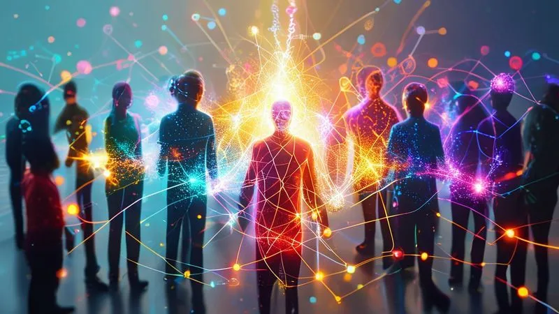 A photorealistic image of a diverse group of people, each with a unique, glowing internal network of connections representing personalized health pathways, all converging towards a central point of vibrant health. Cinematic lighting, sharp focus, depth of field, 8K, professional photography, shot on a high-end DSLR.