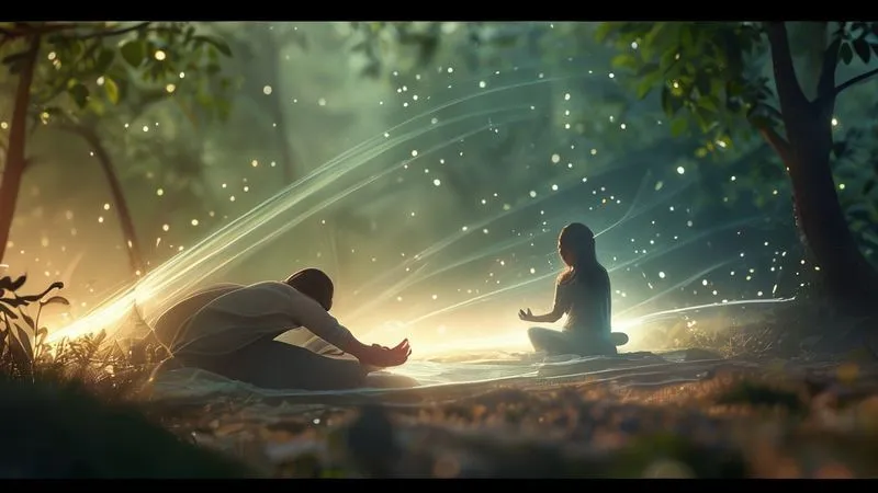 A photorealistic image depicting a person in a serene, deep sleep, surrounded by a gentle, healing aura. In the background, subtle visual cues of movement (a faint trail of a morning walk) and mindfulness (a blurred figure meditating) are present. Cinematic lighting, soft focus, depth of field, 8K, professional photography, shot on a high-end DSLR.