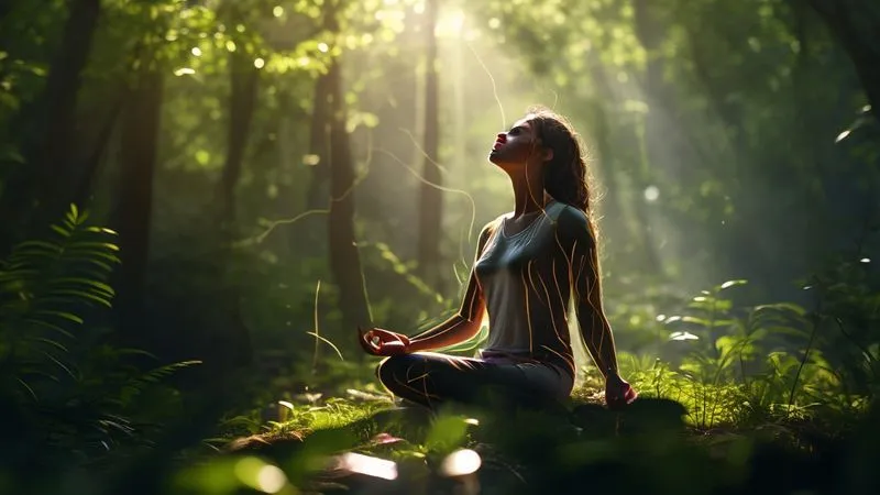 A photorealistic image of a person meditating peacefully in a lush, sun-dappled forest, with subtle energy lines connecting their mind and body to the surrounding natural elements. Cinematic lighting, serene atmosphere, sharp focus on the person, depth of field blurring the forest, 8K, professional photography, shot on a high-end DSLR.