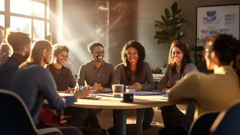 A photorealistic image of a diverse support group, smiling and engaged, seated around a table with a health coach leading a discussion. The atmosphere is warm and encouraging, with natural light streaming in. Cinematic lighting, sharp focus on the group, depth of field blurring the background, 8K, professional photography, shot on a high-end DSLR.
