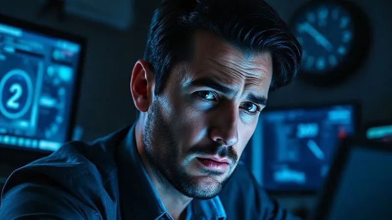 A photorealistic image of a professional looking stressed, illuminated by the harsh blue light of multiple digital screens in a dark room, late at night. Their face shows fatigue and a racing mind, with a clock in the background showing 2 AM. Sharp focus on the individual, cinematic lighting, 8K, shot on a high-end DSLR. A photorealistic image of a professional looking stressed, illuminated by the harsh blue light of multiple digital screens in a dark room, late at night. Their face shows fatigue and a racing mind, with a clock in the background showing 2 AM. Sharp focus on the individual, cinematic lighting, 8K, shot on a high-end DSLR.