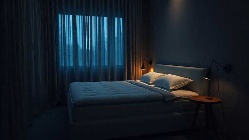 A photorealistic image of a perfectly optimized, serene bedroom environment. The room is dark with blackout curtains, a subtle cool temperature is suggested, and a high-quality, comfortable mattress and pillows are neatly arranged. Soft, ambient lighting from a very dim nightlight creates a calming atmosphere, emphasizing quiet and comfort. 8K, cinematic lighting, sharp focus, shot on a high-end DSLR. A photorealistic image of a perfectly optimized, serene bedroom environment. The room is dark with blackout curtains, a subtle cool temperature is suggested, and a high-quality, comfortable mattress and pillows are neatly arranged. Soft, ambient lighting from a very dim nightlight creates a calming atmosphere, emphasizing quiet and comfort. 8K, cinematic lighting, sharp focus, shot on a high-end DSLR.