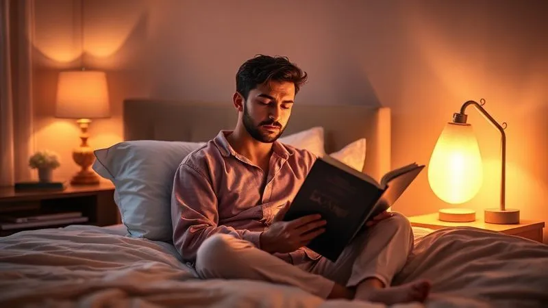 A photorealistic image of a professional in comfortable sleepwear, sitting up in bed and reading a physical book under the warm, soft glow of a bedside lamp. There are no electronic devices visible. The bedroom is cozy and inviting, emphasizing a calm and screen-free wind-down routine. 8K, cinematic lighting, sharp focus, shot on a high-end DSLR. A photorealistic image of a professional in comfortable sleepwear, sitting up in bed and reading a physical book under the warm, soft glow of a bedside lamp. There are no electronic devices visible. The bedroom is cozy and inviting, emphasizing a calm and screen-free wind-down routine. 8K, cinematic lighting, sharp focus, shot on a high-end DSLR.