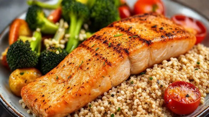 A beautifully arranged, vibrant plate of food featuring grilled salmon, quinoa, and a colorful medley of roasted vegetables (broccoli, bell peppers, cherry tomatoes), professionally lit, sharp focus, depth of field, 8K photorealistic. A beautifully arranged, vibrant plate of food featuring grilled salmon, quinoa, and a colorful medley of roasted vegetables (broccoli, bell peppers, cherry tomatoes), professionally lit, sharp focus, depth of field, 8K photorealistic.