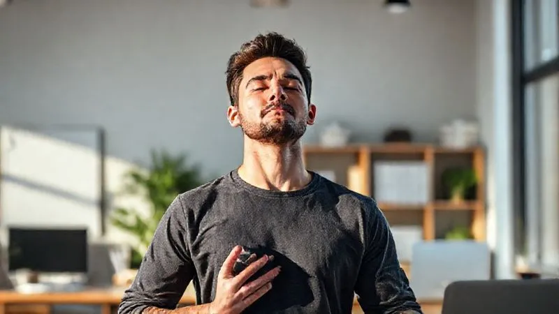 A senior male professional in a serene, modern office or study, practicing a mindful breathing exercise with eyes closed, bathed in soft, natural light, exuding calmness and focus. Photorealistic, professional photography, 8K, cinematic lighting, sharp focus, depth of field, shot on a high-end DSLR. A senior male professional in a serene, modern office or study, practicing a mindful breathing exercise with eyes closed, bathed in soft, natural light, exuding calmness and focus. Photorealistic, professional photography, 8K, cinematic lighting, sharp focus, depth of field, shot on a high-end DSLR.