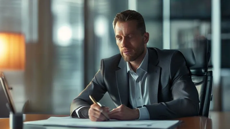A photorealistic image of a professional leader, male or female, sitting quietly at a desk with a journal, eyes closed in thoughtful reflection. Soft, warm cinematic lighting, sharp focus on the leader's calm expression, depth of field blurring a modern office background, 8K hyper-detailed, professional photography, shot on a high-end DSLR.