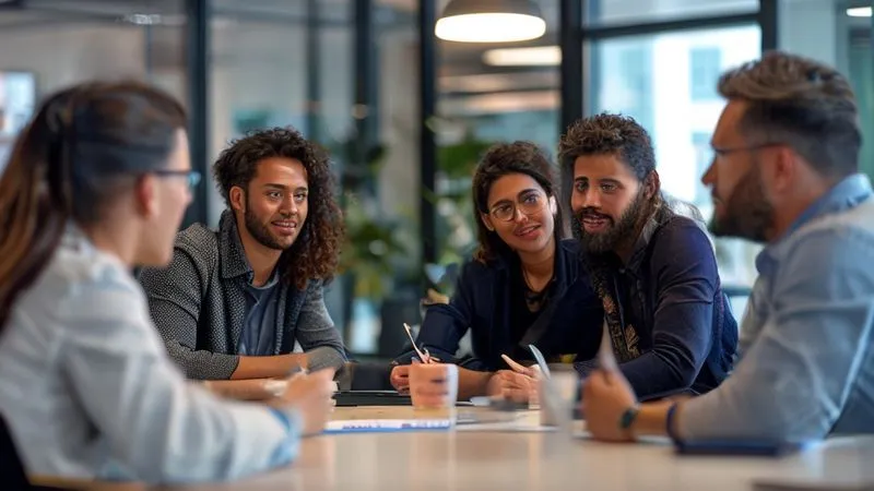 A photorealistic image of a diverse group of four team members in a modern office meeting room, engaged in active listening. One person is speaking, and the others are showing attentive body language, eye contact, and empathetic expressions. Cinematic lighting, sharp focus on their faces, depth of field blurring the background, 8K hyper-detailed, professional photography, shot on a high-end DSLR.
