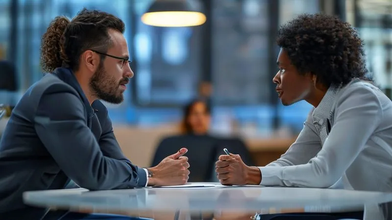 A photorealistic image of a professional leader, centered, mediating a calm discussion between two diverse team members seated opposite each other at a modern conference table. All three individuals are engaged, showing open body language and thoughtful expressions. Cinematic lighting, sharp focus on the interaction, depth of field blurring a contemporary office background, 8K hyper-detailed, professional photography, shot on a high-end DSLR.