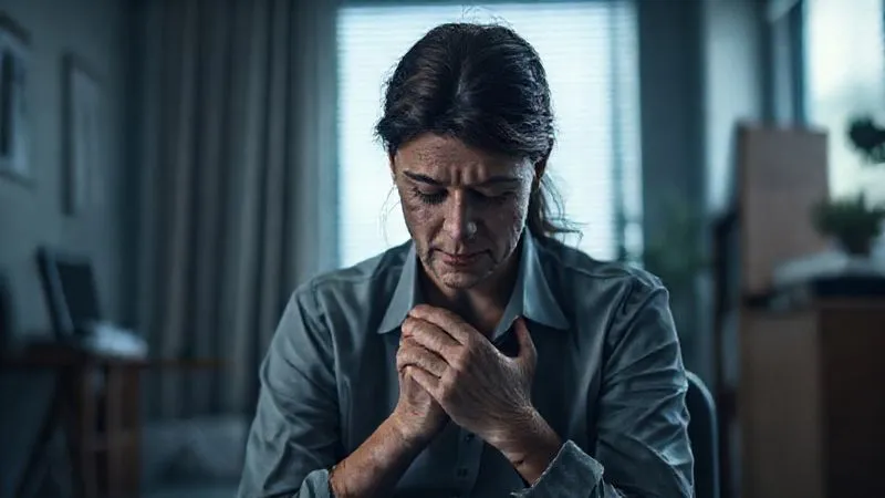 Photorealistic, professional photography, 8K, cinematic lighting, sharp focus, depth of field, shot on a high-end DSLR. A mental health professional, appearing weary and burdened, sitting alone in a dimly lit office, head in hands. A subtle, almost invisible weight seems to press down on their shoulders, symbolizing emotional exhaustion and the invisible toll of compassion fatigue. The overall mood is somber but with a hint of resilience in their posture.