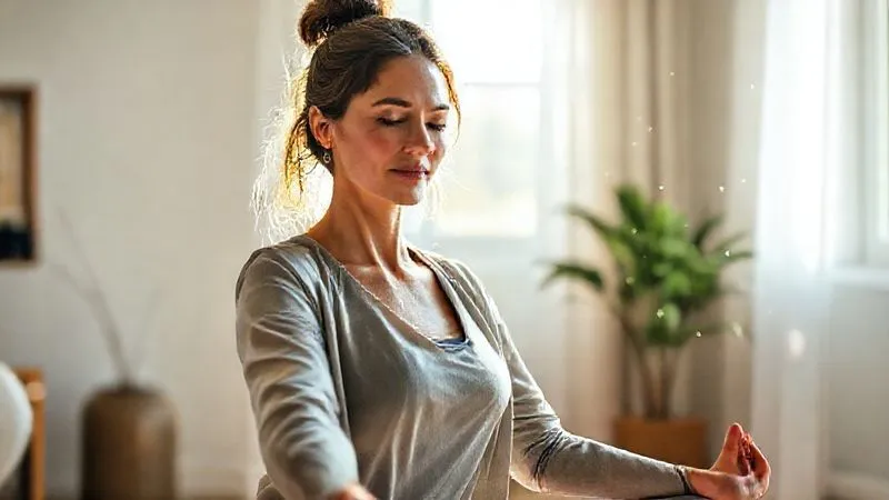 Photorealistic, professional photography, 8K, cinematic lighting, sharp focus, depth of field, shot on a high-end DSLR. A mental health professional in a yoga pose, perhaps 'child's pose' or a gentle stretch, in a serene, naturally lit room. The focus is on their calm expression and relaxed posture, conveying a sense of inner peace and effective self-care. Sunlight streams through a window, highlighting dust motes in the air.