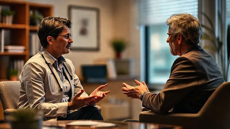 Photorealistic, professional photography, 8K, cinematic lighting, sharp focus, depth of field, shot on a high-end DSLR. Two mental health professionals engaged in a focused, empathetic discussion in a warm, professional office setting. One is listening intently, offering a supportive presence, while the other is speaking, perhaps processing a difficult case. The atmosphere is one of trust and mutual support, symbolizing a debriefing session for vicarious trauma prevention.
