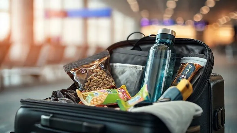 A photorealistic image of a neatly packed carry-on suitcase, partially open, revealing healthy travel snacks like nuts, protein bars, and a reusable water bottle, alongside business essentials. Professional photography, 8K, cinematic lighting, sharp focus on the healthy items, depth of field blurring the background of an airport lounge.