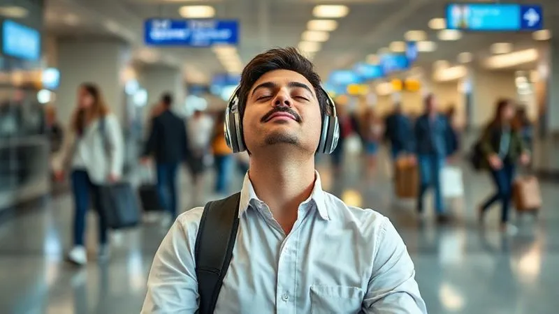 A photorealistic, professional photography shot of a serene business traveler meditating for a few minutes in a quiet corner of a bustling airport terminal, eyes closed, headphones on, radiating calm. The background shows blurred motion of other travelers. 8K, cinematic lighting, sharp focus on the individual, depth of field. Conveys peace amidst chaos.