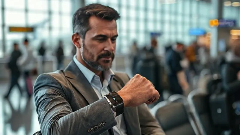 A photorealistic, professional photography shot of a business professional looking confidently at a fitness tracker on their wrist while waiting for a flight at a modern airport gate. The expression is one of calm determination and self-awareness. 8K, cinematic lighting, sharp focus on the individual and the tracker, depth of field blurring the background of other travelers and aircraft. Conveys control and commitment.