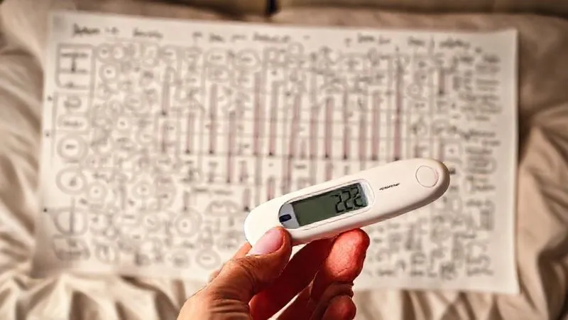 A photorealistic, professional photography, 8K, cinematic lighting, sharp focus, depth of field, shot on a high-end DSLR of a hand holding a basal thermometer, pointing towards a complex, hand-drawn fertility chart filled with various temperature readings, some clearly showing a shift, others scattered or inconsistent, symbolizing the challenges and insights of tracking BBT with irregular cycles. The background is a soft, comforting bedroom setting.