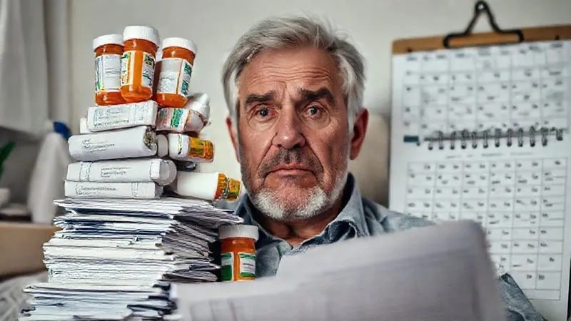 A patient looking overwhelmed by a stack of prescription bottles, medical forms, and a calendar filled with appointments, reflecting the burden of managing a complex chronic regimen. Photorealistic, professional photography, 8K, cinematic lighting, sharp focus, depth of field, shot on a high-end DSLR. A patient looking overwhelmed by a stack of prescription bottles, medical forms, and a calendar filled with appointments, reflecting the burden of managing a complex chronic regimen. Photorealistic, professional photography, 8K, cinematic lighting, sharp focus, depth of field, shot on a high-end DSLR.