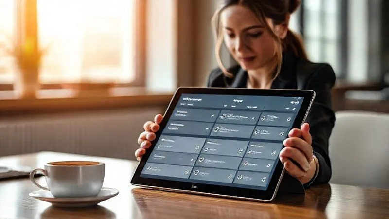 A photorealistic image of a professional woman in business attire looking at a sleek tablet displaying a personalized fitness plan with customizable daily tasks and checkmarks, next to a cup of coffee on a modern desk. The interface is clean and user-friendly, with elements like '15-min workout option' and 'track micro-habits'. Cinematic lighting, sharp focus on the tablet, depth of field blurring the background, 8K hyper-detailed, shot on a high-end DSLR. A photorealistic image of a professional woman in business attire looking at a sleek tablet displaying a personalized fitness plan with customizable daily tasks and checkmarks, next to a cup of coffee on a modern desk. The interface is clean and user-friendly, with elements like '15-min workout option' and 'track micro-habits'. Cinematic lighting, sharp focus on the tablet, depth of field blurring the background, 8K hyper-detailed, shot on a high-end DSLR.