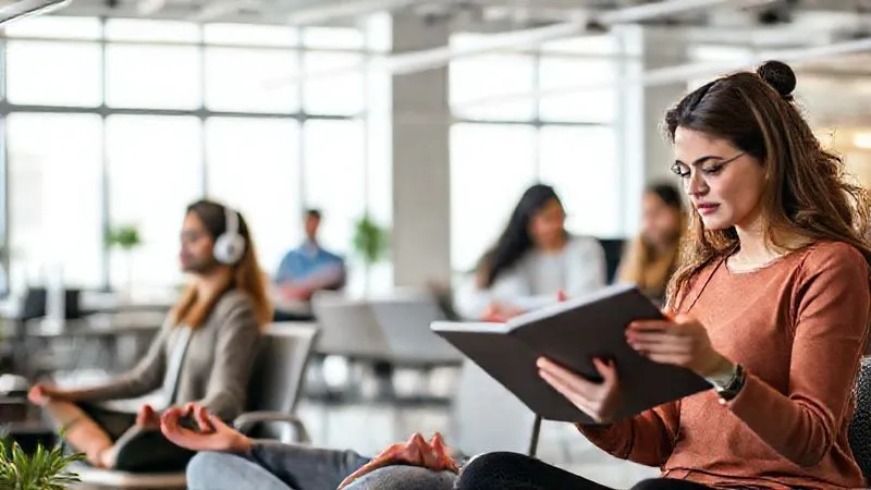 photorealistic, professional photography, 8K, cinematic lighting, sharp focus, depth of field, shot on a high-end DSLR. A diverse group of employees individually engaging in various wellness activities in a modern, open office space – one meditating with headphones, another stretching gently, someone else reviewing a healthy meal plan on a tablet. The scene emphasizes personalized choices and quiet focus within a supportive environment.