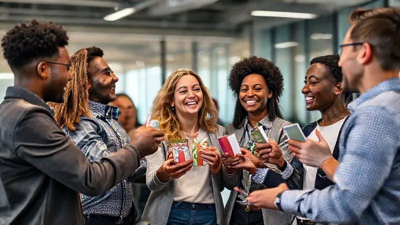 photorealistic, professional photography, 8K, cinematic lighting, sharp focus, depth of field, shot on a high-end DSLR. A diverse group of employees celebrating a wellness achievement in a modern office, receiving small, thoughtful rewards like gift cards for healthy food or fitness subscriptions. The atmosphere is joyful and appreciative, with a focus on genuine recognition and positive reinforcement.