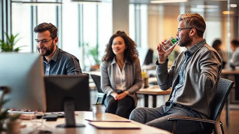photorealistic, professional photography, 8K, cinematic lighting, sharp focus, depth of field, shot on a high-end DSLR. A diverse group of employees in a modern, inclusive office setting, where one person is using an ergonomic desk, another is having a relaxed conversation with a colleague, and a third is mindfully hydrating. The scene exudes a sense of calm, support, and genuine well-being, reflecting an environment where health is naturally integrated.