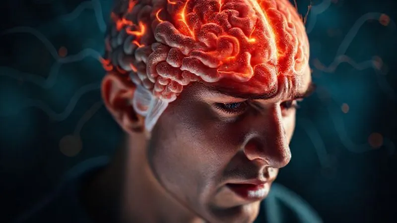 A photorealistic, professional photography, 8K, cinematic lighting, sharp focus on a conceptual representation of the human brain's reward pathways being overstimulated, with a subtle overlay of a person's face expressing struggle and confusion, depth of field blurring the background, shot on a high-end DSLR. The image conveys the internal battle of addiction.