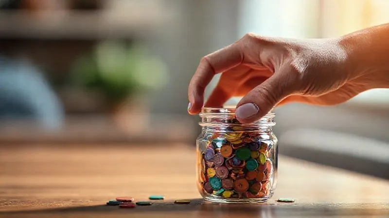 A photorealistic, professional photography, 8K, cinematic lighting, sharp focus on a hand placing a colorful token into a jar, symbolizing consistent progress and accumulation of small victories in recovery. The background is softly blurred with a suggestion of a supportive therapeutic environment, depth of field, shot on a high-end DSLR. The image evokes a sense of achievement and positive reinforcement.