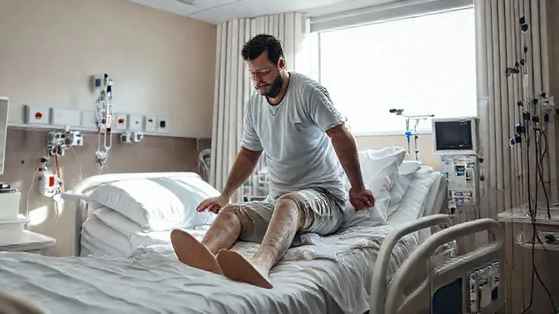 A photorealistic, professional photography, 8K, cinematic lighting, sharp focus, depth of field, shot on a high-end DSLR image of a physical therapist assisting a critically ill patient (now stable and alert) with early mobilization in an ICU setting. The patient is sitting upright at the edge of the bed, perhaps taking a few steps with assistance, conveying progress and recovery. Natural light streams into the room. A photorealistic, professional photography, 8K, cinematic lighting, sharp focus, depth of field, shot on a high-end DSLR image of a physical therapist assisting a critically ill patient (now stable and alert) with early mobilization in an ICU setting. The patient is sitting upright at the edge of the bed, perhaps taking a few steps with assistance, conveying progress and recovery. Natural light streams into the room.