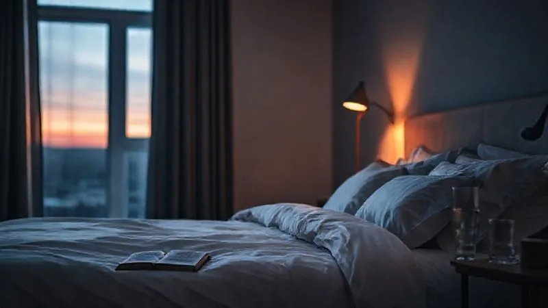 A photorealistic, professional photography, 8K, cinematic lighting, sharp focus, depth of field shot on a high-end DSLR of a serene, minimalist bedroom at dusk. The room is dimly lit by a bedside lamp, casting warm shadows. A plush bed with crisp white linens and soft pillows is the focal point. A book rests on a small nightstand next to a glass of water. The window shows a hint of twilight, but heavy, dark curtains are drawn, creating a sense of peace and enclosure, symbolizing optimal sleep environment. A photorealistic, professional photography, 8K, cinematic lighting, sharp focus, depth of field shot on a high-end DSLR of a serene, minimalist bedroom at dusk. The room is dimly lit by a bedside lamp, casting warm shadows. A plush bed with crisp white linens and soft pillows is the focal point. A book rests on a small nightstand next to a glass of water. The window shows a hint of twilight, but heavy, dark curtains are drawn, creating a sense of peace and enclosure, symbolizing optimal sleep environment.