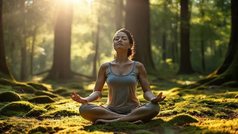photorealistic, professional photography, 8K, cinematic lighting, sharp focus, depth of field, shot on a high-end DSLR, a person sitting peacefully in a sun-dappled forest clearing, eyes closed, hands resting gently on their knees, practicing mindfulness meditation, with soft green moss and dappled sunlight filtering through ancient trees, conveying serenity and natural healing.