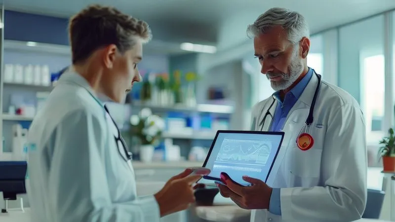 A photorealistic image of a doctor and a patient in a modern, calm clinic setting. The doctor is pointing to a tablet displaying a clear, easy-to-understand graph of health metrics (blood pressure, cholesterol trends), while the patient listens attentively. Professional photography, 8K, cinematic lighting, sharp focus on the faces, depth of field blurring the background, shot on a high-end DSLR.