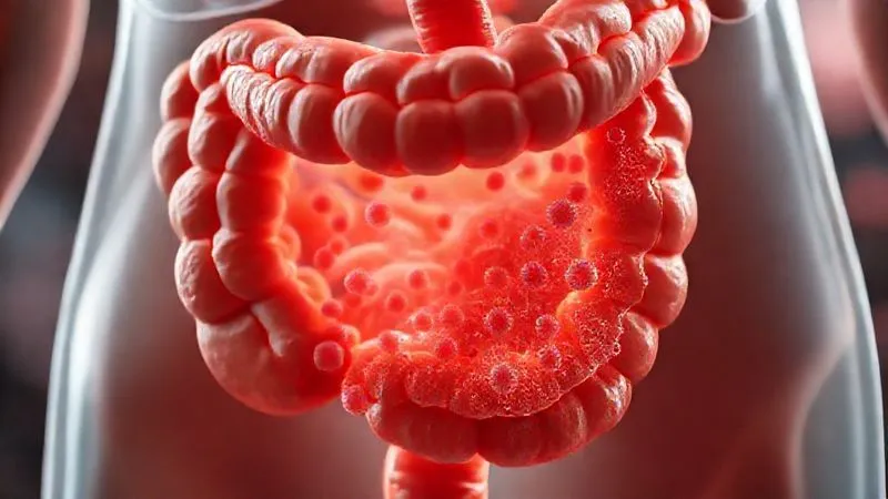 A photorealistic illustration of the small intestine with an exaggerated representation of bacterial overgrowth, creating distension, professional photography, 8K, cinematic lighting, sharp focus, depth of field. A photorealistic illustration of the small intestine with an exaggerated representation of bacterial overgrowth, creating distension, professional photography, 8K, cinematic lighting, sharp focus, depth of field.