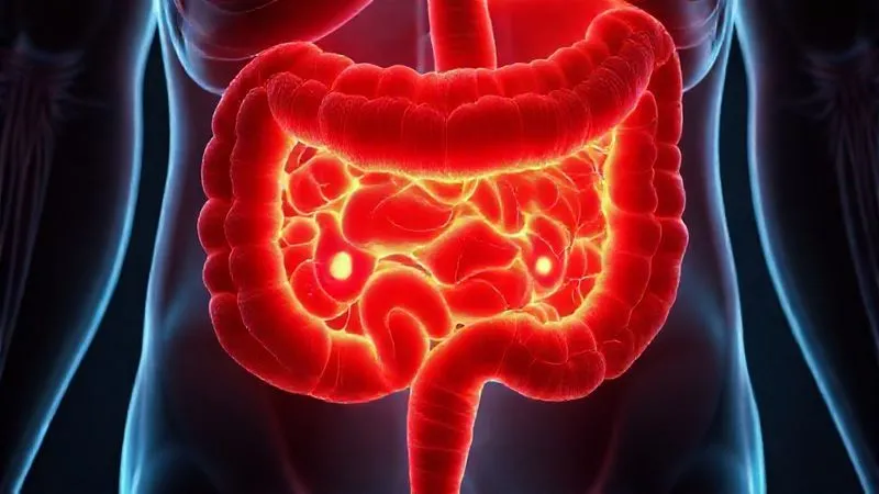 A photorealistic, detailed illustration of a human large intestine, with subtle areas of inflammation highlighted by a faint red glow, contrasting with healthy tissue, professional medical diagram style, 8K, cinematic lighting, sharp focus. A photorealistic, detailed illustration of a human large intestine, with subtle areas of inflammation highlighted by a faint red glow, contrasting with healthy tissue, professional medical diagram style, 8K, cinematic lighting, sharp focus.