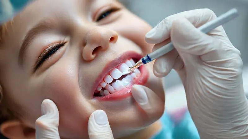 A close-up, photorealistic image of a pediatric dentist gently applying fluoride varnish to a child's primary teeth using a small brush. The child is calm and cooperative. Professional photography, 8K, cinematic lighting, sharp focus, depth of field, shot on a high-end DSLR. A close-up, photorealistic image of a pediatric dentist gently applying fluoride varnish to a child's primary teeth using a small brush. The child is calm and cooperative. Professional photography, 8K, cinematic lighting, sharp focus, depth of field, shot on a high-end DSLR.