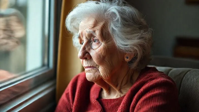 A photorealistic image of an elderly woman sitting thoughtfully, perhaps looking out a window, with a gentle, slightly worried expression, conveying introspection or apprehension. Soft, natural light, professional photography, 8K, cinematic lighting, sharp focus, depth of field.