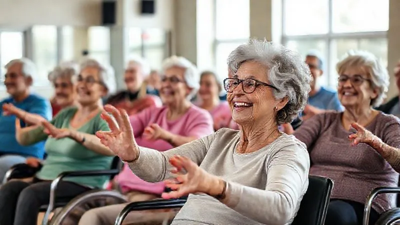 A photorealistic image of a diverse group of happy, active seniors participating in a modified, low-impact exercise class, perhaps using chairs for support. Their faces show enjoyment and engagement. Bright, inviting gym or community center setting, professional photography, 8K, cinematic lighting, sharp focus, depth of field.