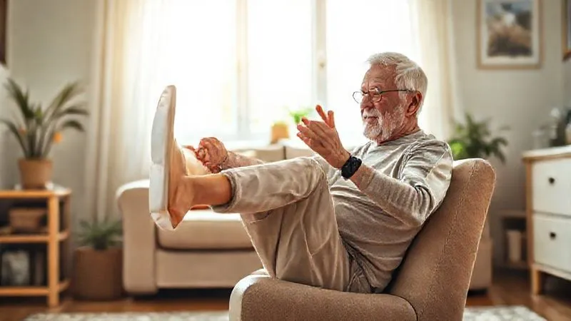 A photorealistic image of a brightly lit, safe home environment, with an older adult comfortably performing a gentle exercise (e.g., seated leg lifts) with good posture. The room is tidy, free of tripping hazards, and feels welcoming. Natural light streams in. Professional photography, 8K, cinematic lighting, sharp focus, depth of field.