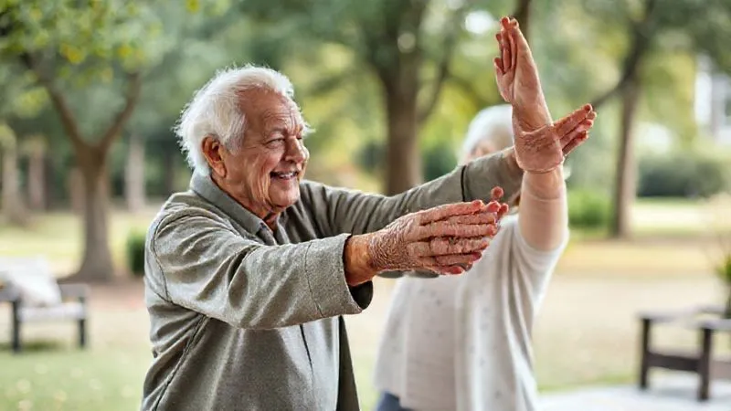 A photorealistic image capturing a heartwarming moment between an elderly individual and a younger family member (e.g., grandchild or adult child) gently stretching or doing a simple balance exercise together in a park or living room. The interaction is supportive and joyful, showing intergenerational connection. Professional photography, 8K, cinematic lighting, sharp focus, depth of field.