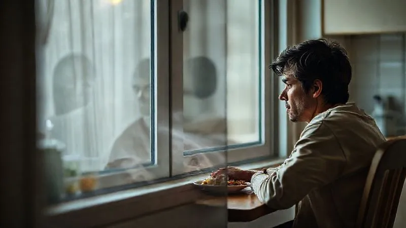 A photorealistic image of a person sitting at a kitchen table, looking thoughtfully at a plate of food, but their reflection in the window shows a stressed, overwhelmed expression. Soft, contemplative lighting, 8K, sharp focus on the person, depth of field blurring the background, emotionally resonant. A photorealistic image of a person sitting at a kitchen table, looking thoughtfully at a plate of food, but their reflection in the window shows a stressed, overwhelmed expression. Soft, contemplative lighting, 8K, sharp focus on the person, depth of field blurring the background, emotionally resonant.