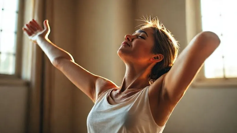 A professional photograph of a person gently stretching their arms towards the sky, eyes closed in a moment of deep connection with their body, sunlight streaming through a window. The focus is on the graceful movement and inner peace. Photorealistic, professional photography, 8K, cinematic lighting, sharp focus on the person, depth of field blurring the background, emotionally resonant. A professional photograph of a person gently stretching their arms towards the sky, eyes closed in a moment of deep connection with their body, sunlight streaming through a window. The focus is on the graceful movement and inner peace. Photorealistic, professional photography, 8K, cinematic lighting, sharp focus on the person, depth of field blurring the background, emotionally resonant.