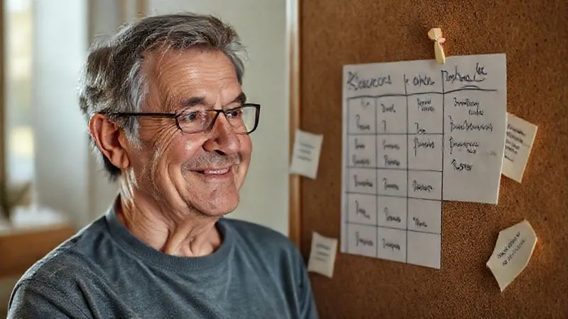 A photorealistic image of a person with COPD, smiling slightly, looking at a simple, handwritten exercise schedule tacked to a corkboard, surrounded by small, encouraging notes. Soft morning light, sharp focus on the schedule, depth of field, 8K hyper-detailed. A photorealistic image of a person with COPD, smiling slightly, looking at a simple, handwritten exercise schedule tacked to a corkboard, surrounded by small, encouraging notes. Soft morning light, sharp focus on the schedule, depth of field, 8K hyper-detailed.