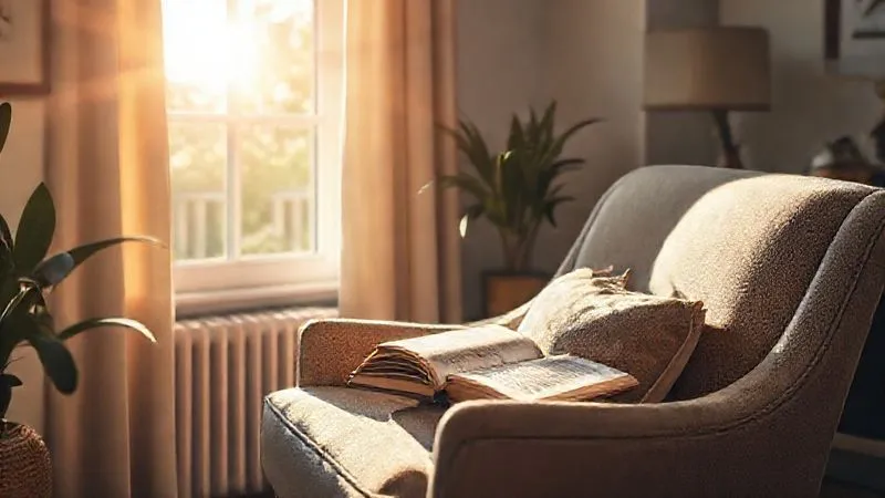 A photorealistic image of a serene home environment, with sunlight streaming through a window onto a comfortable armchair. A small, subtle visual cue (like a bookmark in a book, or a strategically placed cushion) suggests a dedicated space or time for breathing exercises. Professional photography, 8K, cinematic lighting, sharp focus, depth of field. A photorealistic image of a serene home environment, with sunlight streaming through a window onto a comfortable armchair. A small, subtle visual cue (like a bookmark in a book, or a strategically placed cushion) suggests a dedicated space or time for breathing exercises. Professional photography, 8K, cinematic lighting, sharp focus, depth of field.