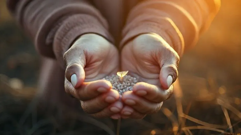 A photorealistic image depicting resilience, with a person's hands gently cupped, holding a fragile, glowing seed amidst a slightly blurred, challenging landscape. The lighting is hopeful and cinematic, sharp focus on the hands and seed, depth of field, 8K hyper-detailed. A photorealistic image depicting resilience, with a person's hands gently cupped, holding a fragile, glowing seed amidst a slightly blurred, challenging landscape. The lighting is hopeful and cinematic, sharp focus on the hands and seed, depth of field, 8K hyper-detailed.