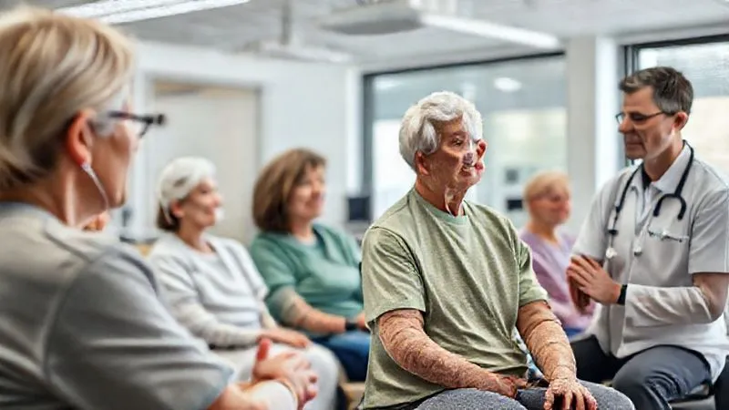 A photorealistic image of a modern, well-equipped pulmonary rehabilitation center, with a diverse group of patients, including an older adult with COPD, engaging in supervised breathing and light physical exercises under the guidance of healthcare professionals. Bright, encouraging atmosphere, professional photography, 8K, cinematic lighting, sharp focus, depth of field. A photorealistic image of a modern, well-equipped pulmonary rehabilitation center, with a diverse group of patients, including an older adult with COPD, engaging in supervised breathing and light physical exercises under the guidance of healthcare professionals. Bright, encouraging atmosphere, professional photography, 8K, cinematic lighting, sharp focus, depth of field.