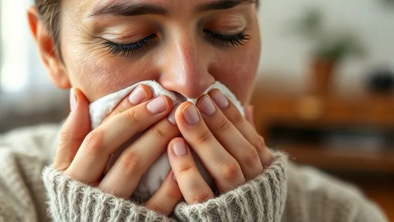 A photorealistic close-up of a person gently holding a cold compress to their cheek, eyes closed in mild discomfort but also a sense of seeking relief. The background is softly blurred, indicating a home setting. Professional photography, 8K, cinematic lighting, sharp focus on the hand and cheek, depth of field blurring the background, shot on a high-end DSLR.