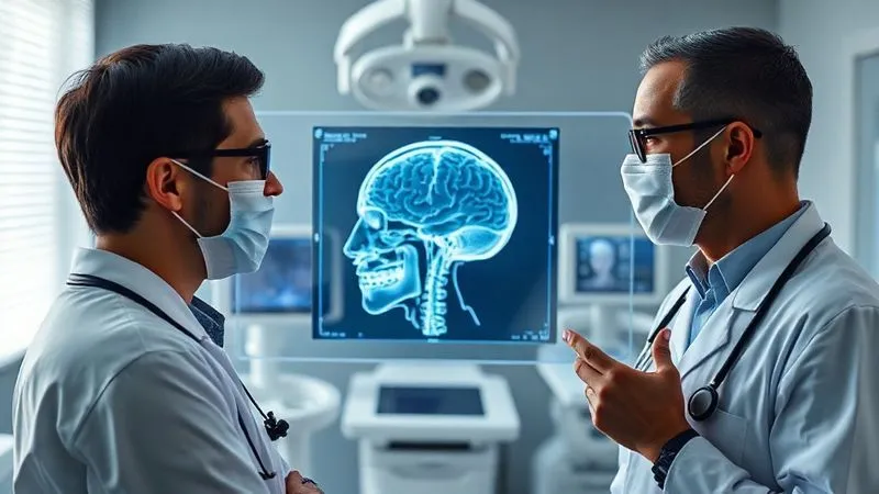 A photorealistic image of a dentist and a neurologist looking at a complex 3D brain and jaw scan on a transparent screen, discussing findings. They are in a modern clinic setting, with subtle medical equipment in the background. Professional photography, 8K, cinematic lighting, sharp focus on the professionals and the screen, depth of field blurring the background, shot on a high-end DSLR.